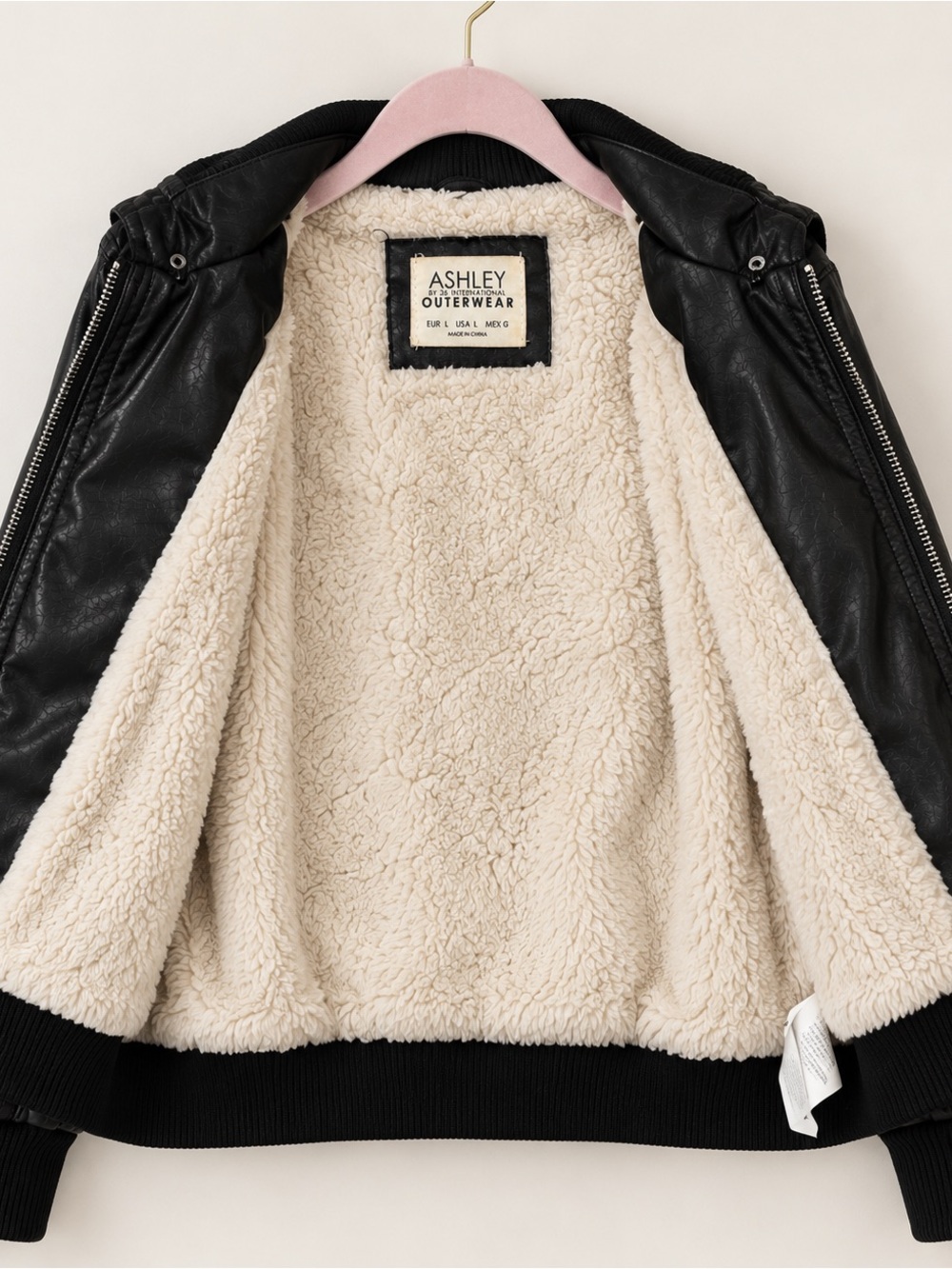 Ashley by 26 Black Faux Leather Faux Fur Lined Bomber Jacket L - Picture 3 of 5